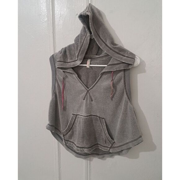 Free People Movement Womens Small Meadowbrook Taupe Burnout SOFT CROP Hoodie Top - Picture 2 of 9